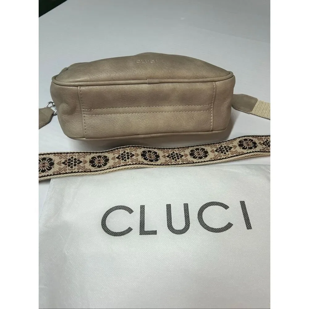 CLUCI Small Crossbody Bag Vegan Leather Boho Guitar Strap Beige NWT